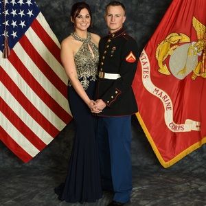 Formal navy ball gown.